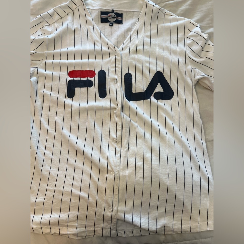 Fila Men's White Shirt with Black Stripes and Logo